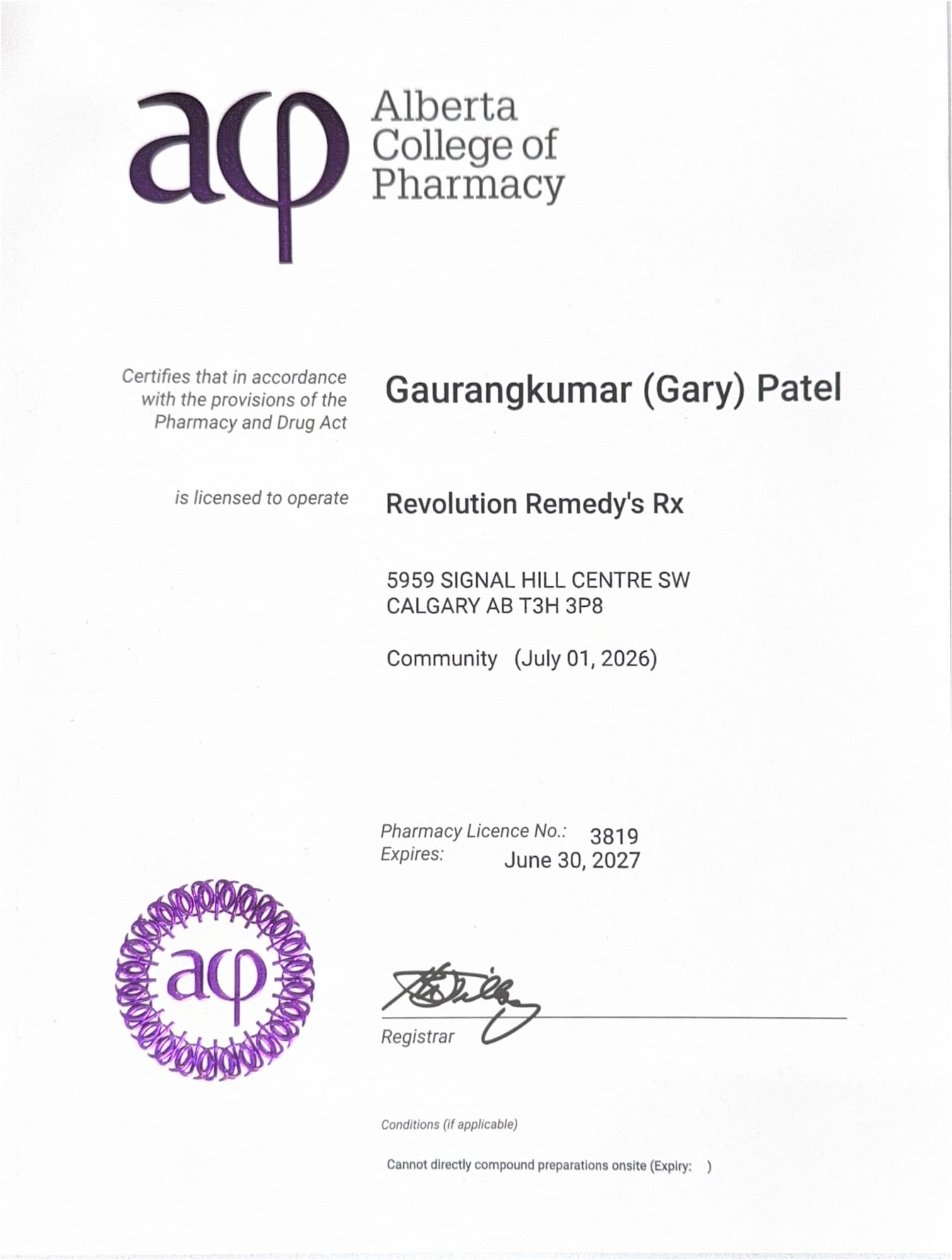 Revolution Remedy'sRx pharmacy license, 2026